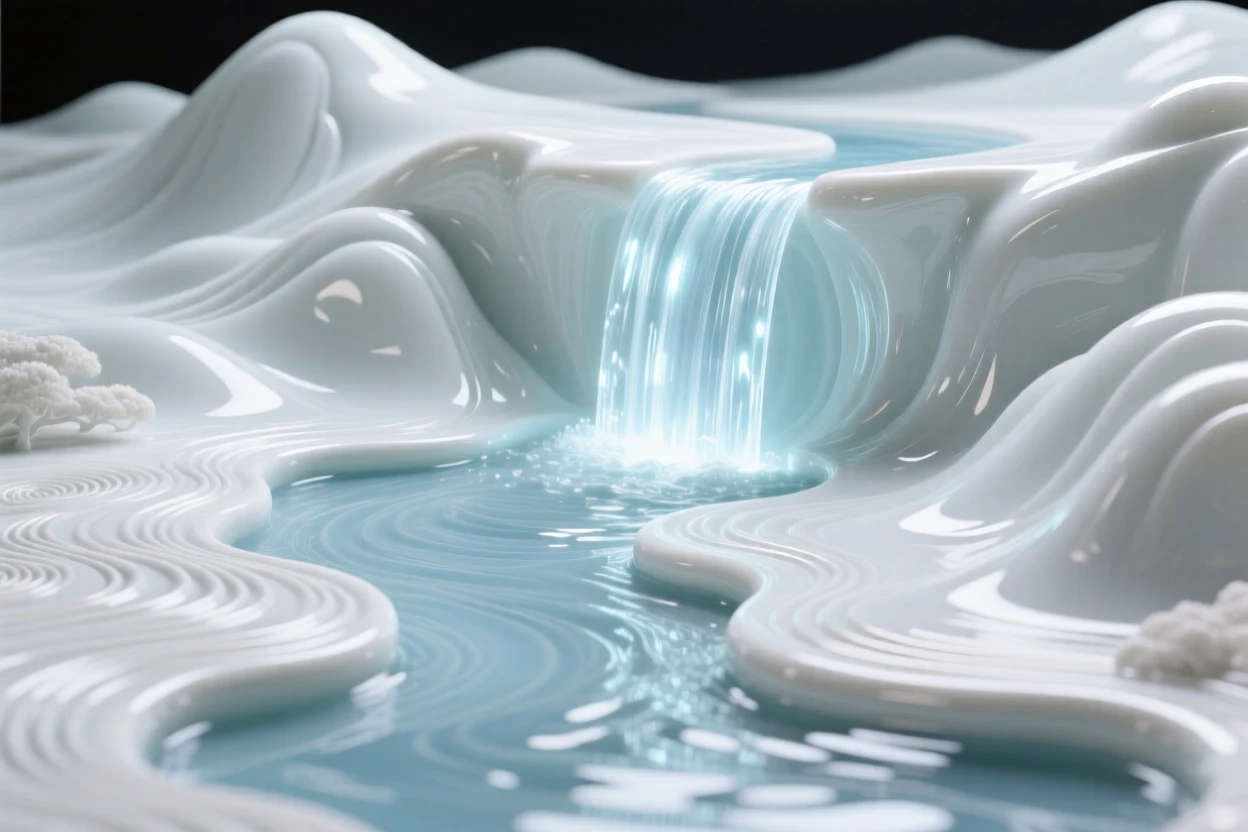 A surreal composition where a river flows upward into a waterfall of light, the scene calm despite its impossible logic.