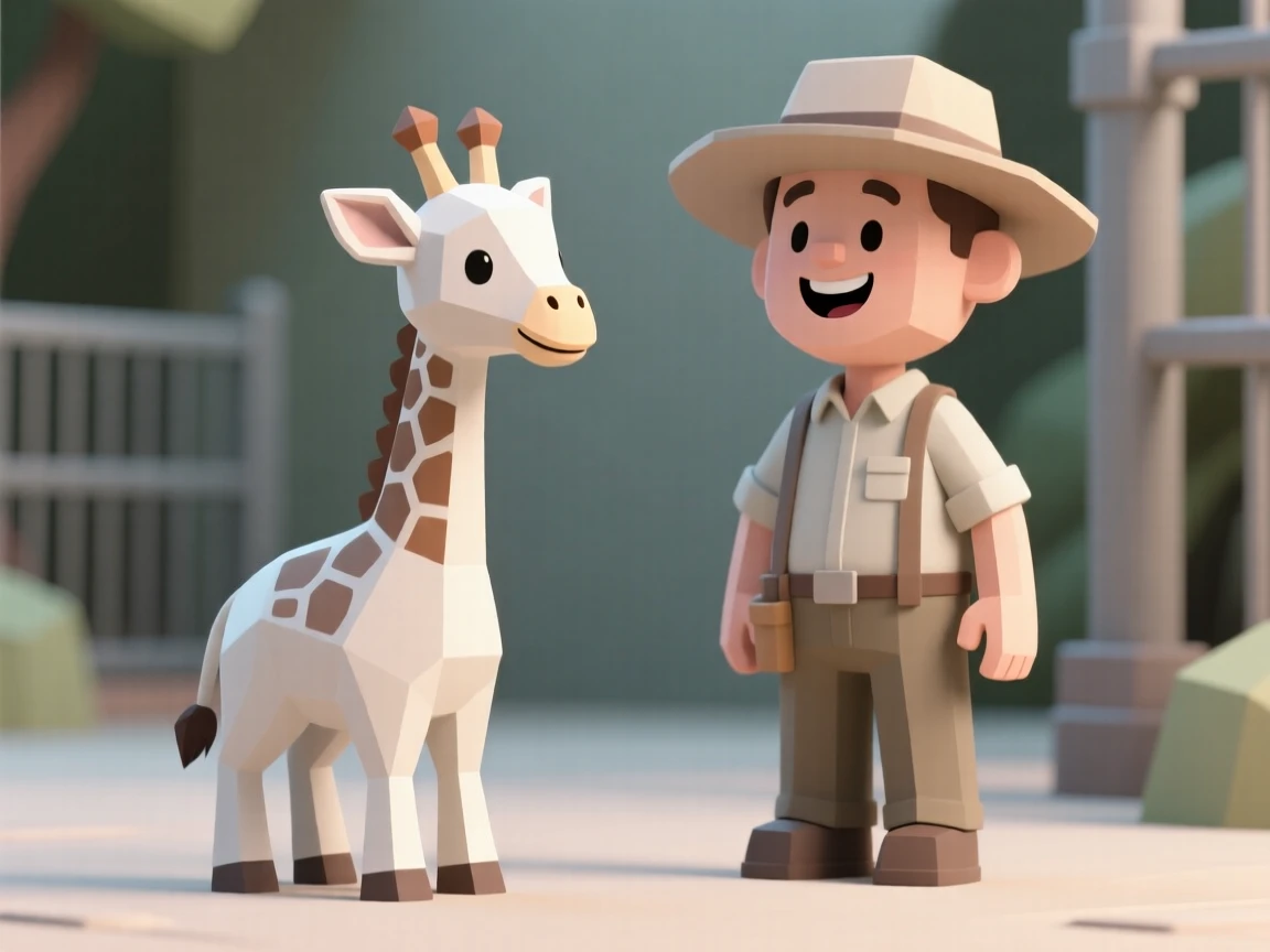 A curious baby giraffe wobbles on newborn legs, already taller than the smiling zookeeper beside it.