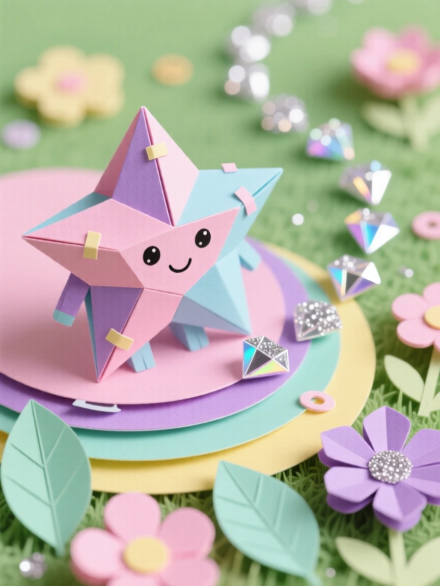 A tiny star-shaped creature exploring a miniature candy-colored meadow, with tiny sparkles trailing behind it, conveying playful, heartwarming delight.