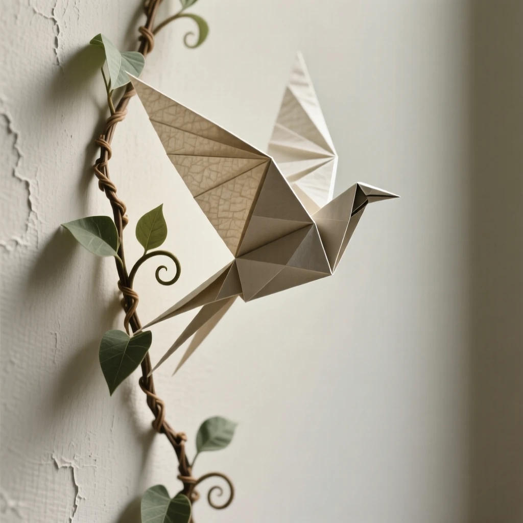 A single vine growing up a wall and blossoming into the shape of a soaring bird.