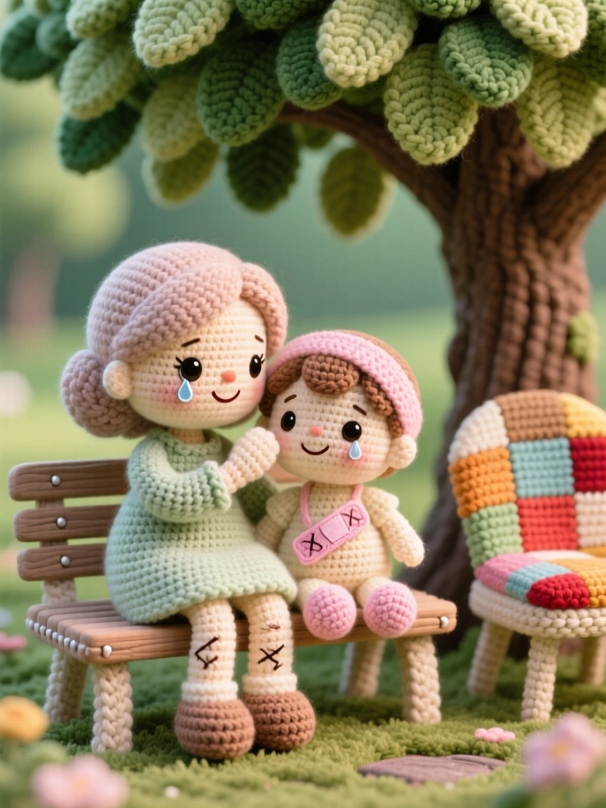 a mother comforting her child after a small scrape, with a gentle bandage and a kiss, wiping away a small tear with a smile, in a peaceful park bench beneath a shady tree, with a warm quilt draped over a nearby chair, radiating heartfelt closeness and shared happiness.