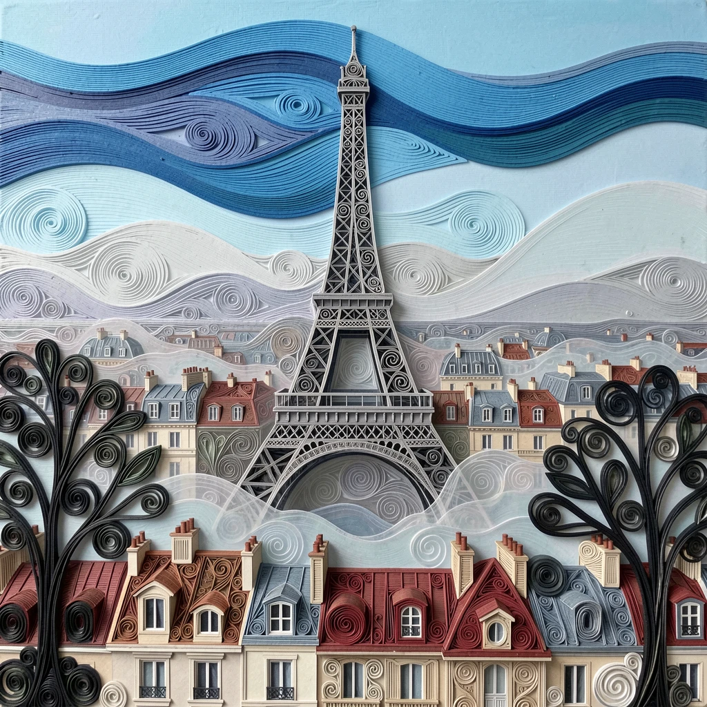 A breathtaking view of the Eiffel Tower rising above a sea of Parisian rooftops wrapped in gentle morning mist, in crisp, clear tones under a bright blue sky, framed by silhouetted trees in the foreground.