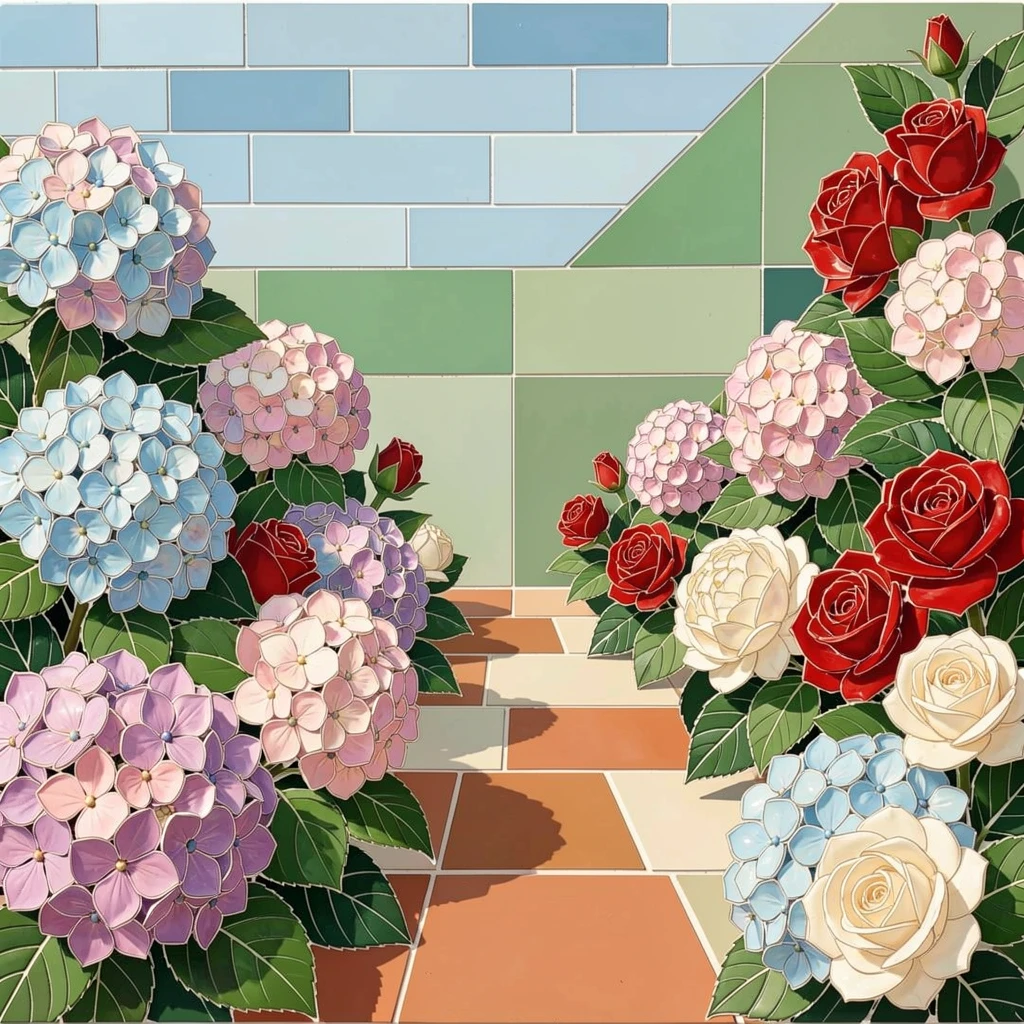A close-up macro view of a garden path lined with blooming hydrangeas and climbing roses, showing intricate petal texture and delicate detail.