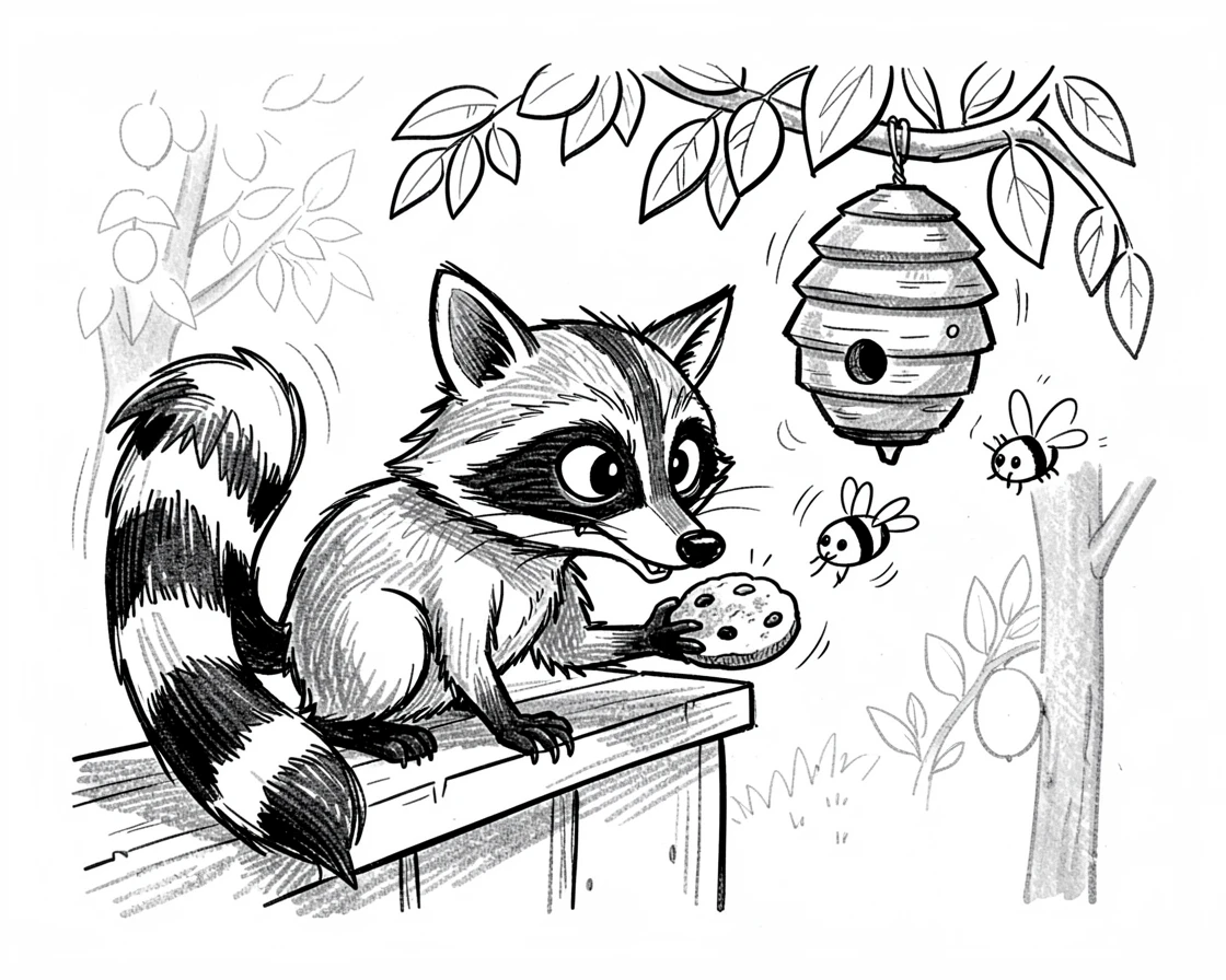 A raccoon sneaking cookies from a windowsill beside a beehive in an orchard.