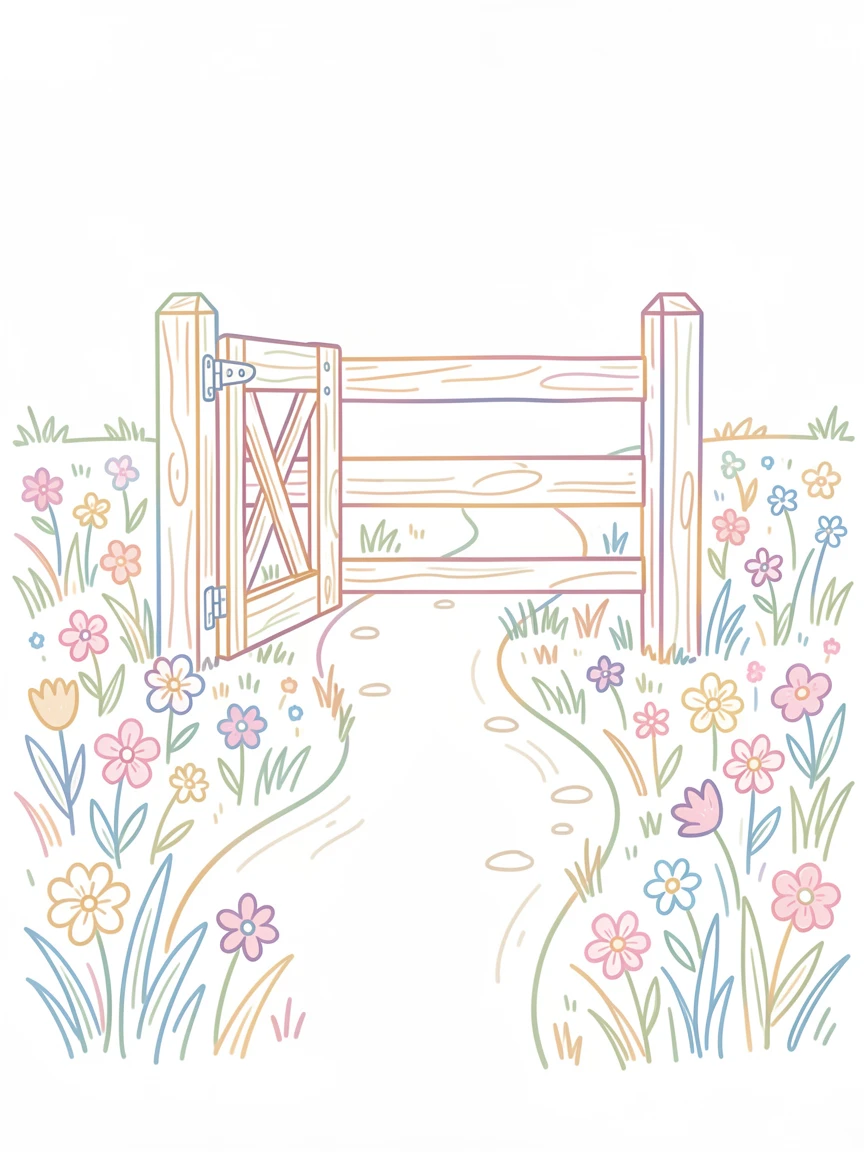 A single wooden gate opening onto a path through a blooming meadow.