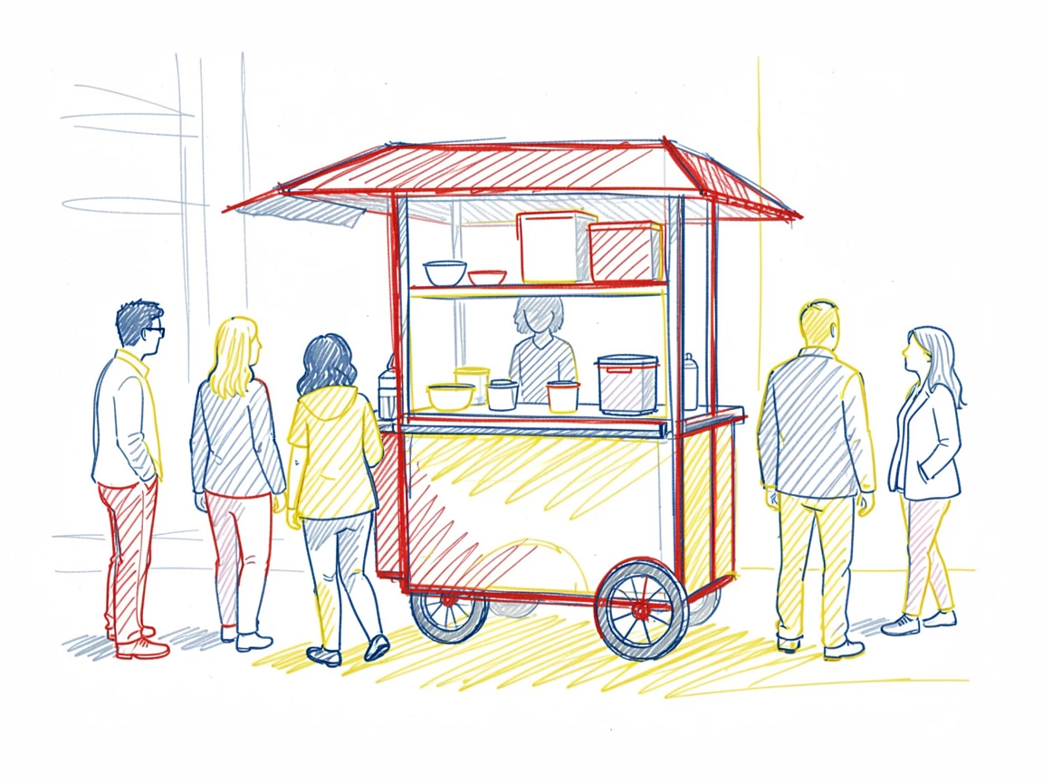 A busy street food cart with a line of eager customers at lunchtime