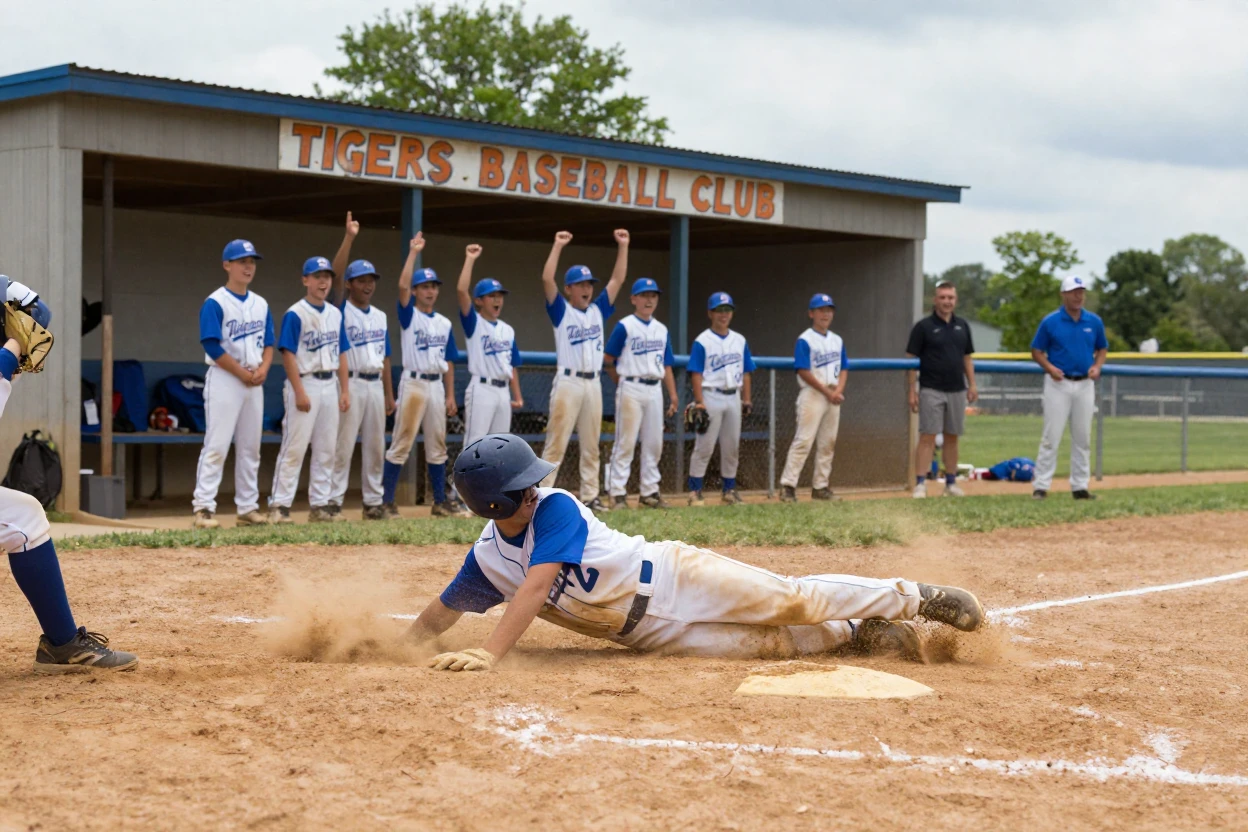 A youth baseball player slides into home plate as teammates cheer from the dugout.