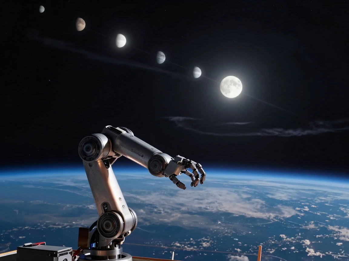 A robotic arm observing a rare celestial alignment above the curve of the Earth