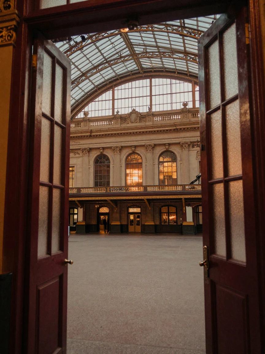A grand old train station with soaring glass ceilings, in the last light of dusk, in crisp, dry air, in the mild days of early autumn, with rich burgundy and gold accents, framed through an open doorway.