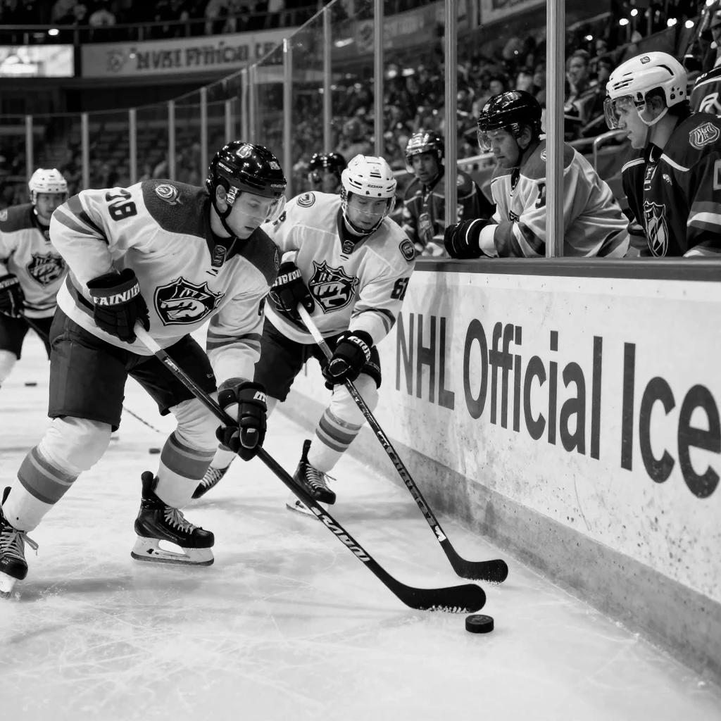 A team of ice hockey players battles for the puck along the boards under bright arena lights.
