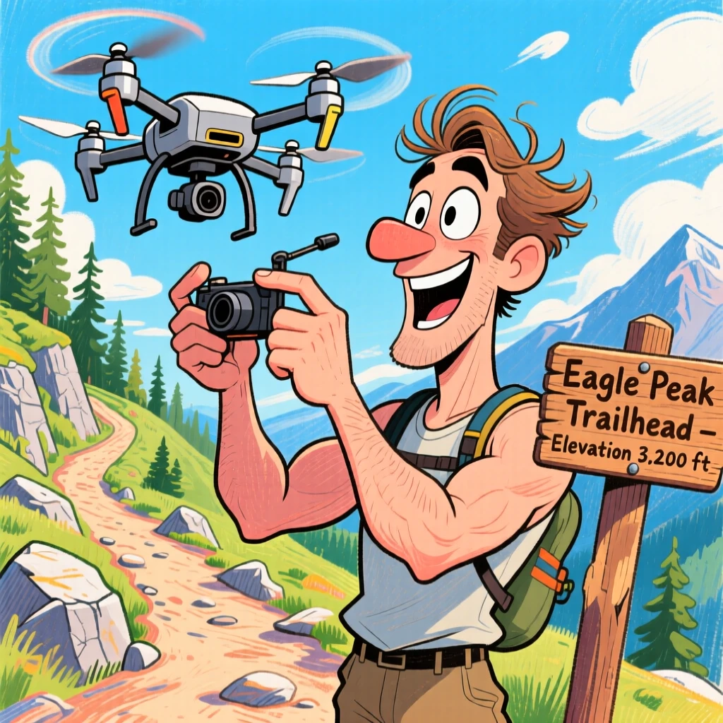 A man setting up a drone shot over a scenic hiking trail.