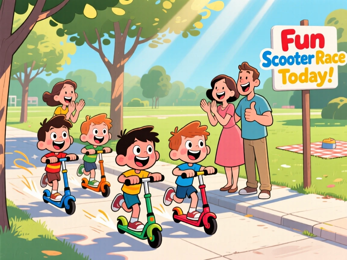 A playful childhood moment of a group of best friends racing scooters down a sunny sidewalk, as parents cheer proudly nearby.