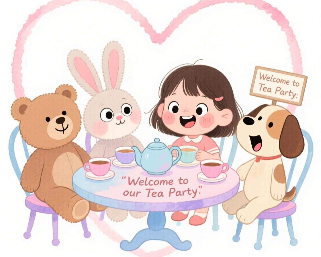 A heartwarming scene of a little girl having a tea party with stuffed animals