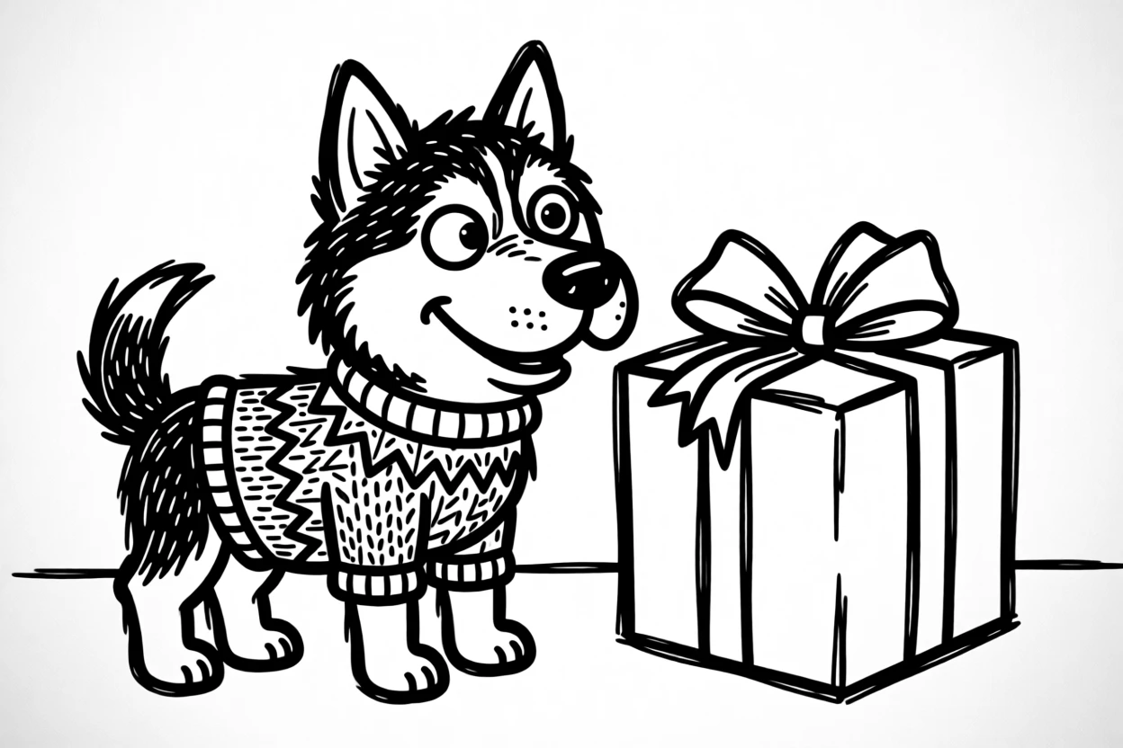 A husky puppy wearing a knitted holiday sweater, sitting beside a wrapped present twice its size.