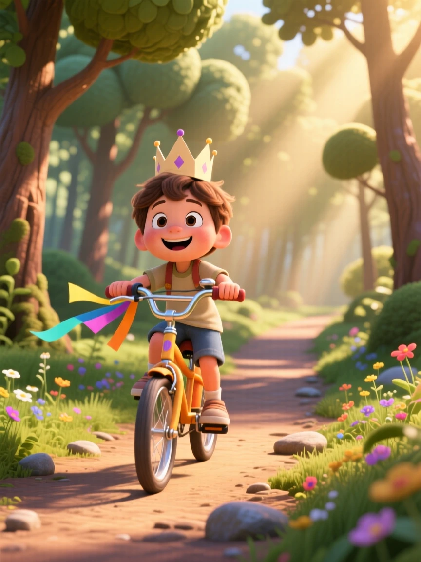 A child riding a bicycle with streamers on the handlebars takes place along a quiet forest trail dappled with light, with a paper crown perched slightly crooked. A lighthearted sense of discovery colors the moment.