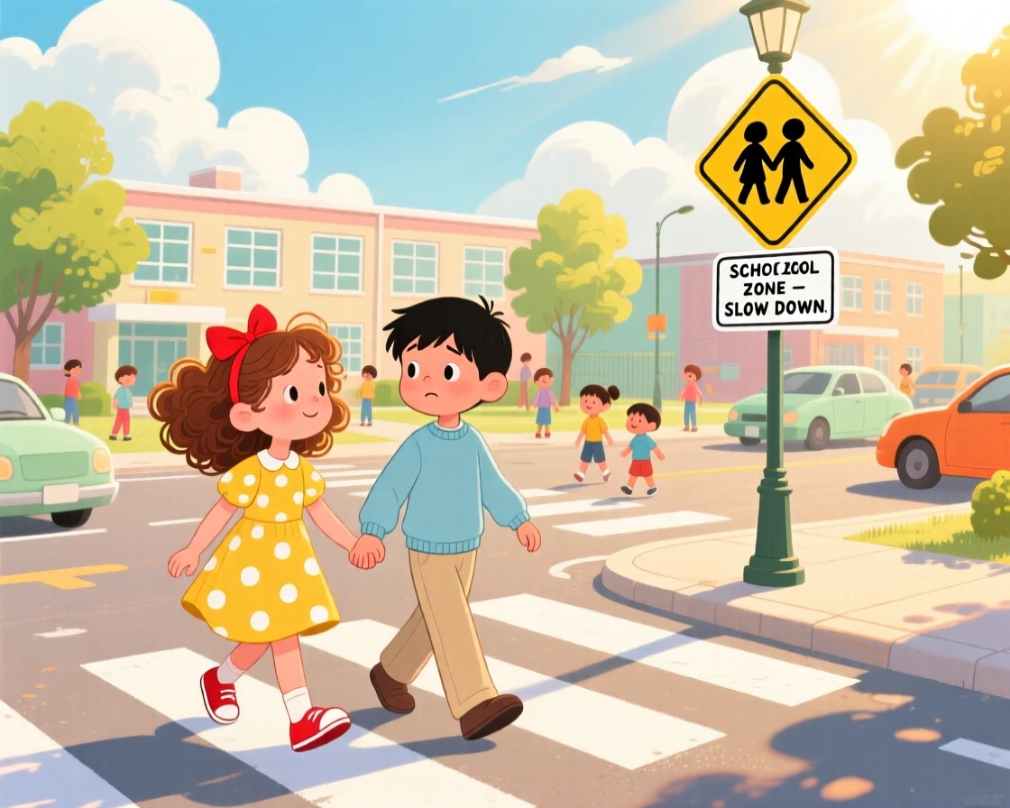 A girl and a shy new classmate share a tender moment holding hands while crossing a busy street in a sunny schoolyard, while the sun breaks through the clouds.