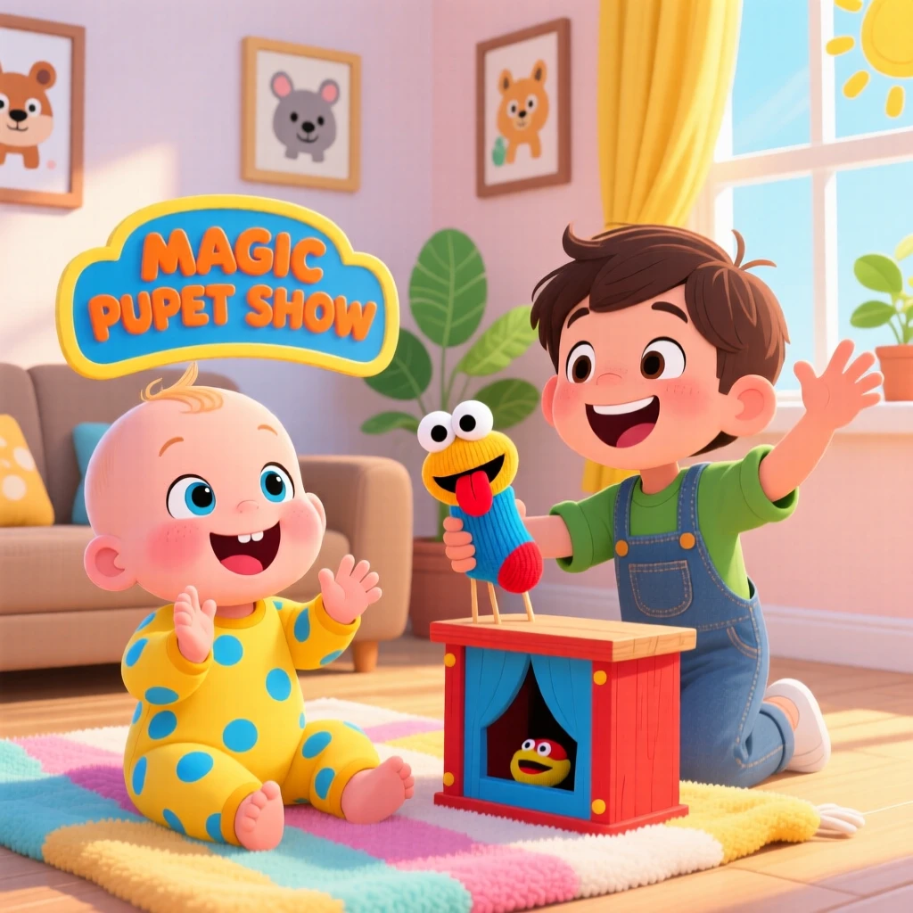 A baby giggling at a puppet show put on by an older sibling.