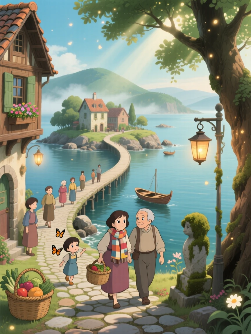 A scenic view of an island town reached by a single long causeway, as locals stroll along winding cobblestone lanes.