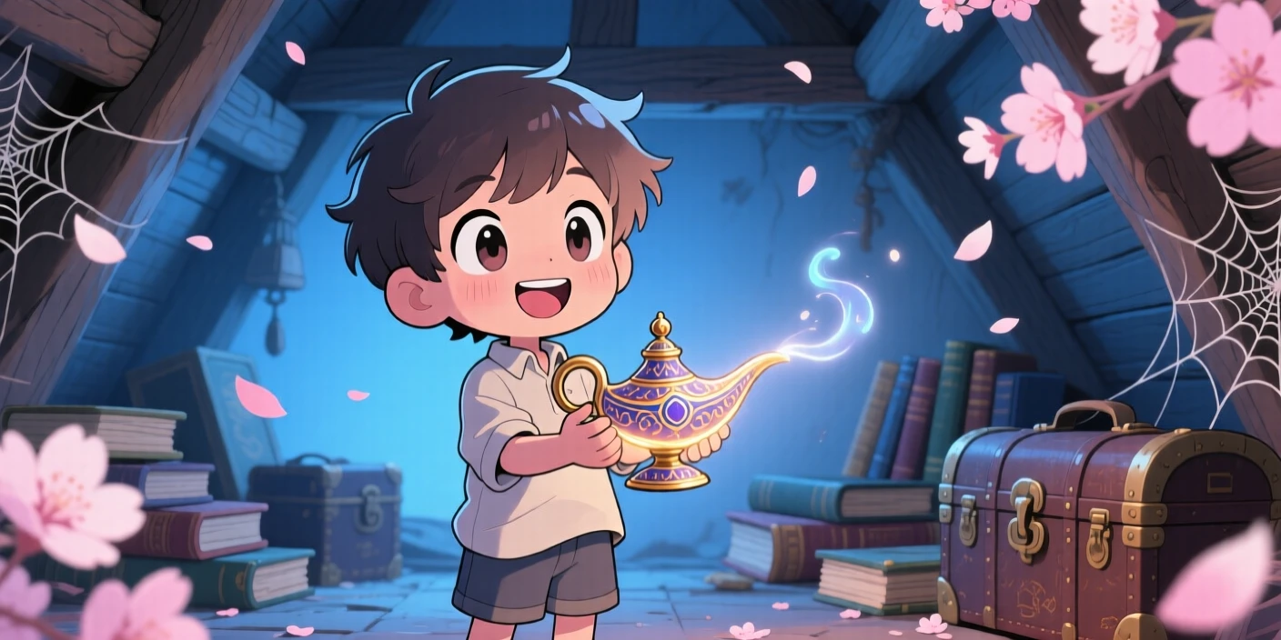 Close-up portrait: a small boy, discovering a genie's lamp in an attic, set against a dusty storybook attic as cherry blossom petals drift on the breeze, with cool blue twilight glow and a mood of bubbly enthusiasm.