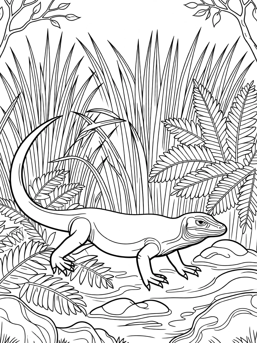 A komodo dragon stalking prey through tall reeds, surrounded by tall ferns and moss-covered stones.