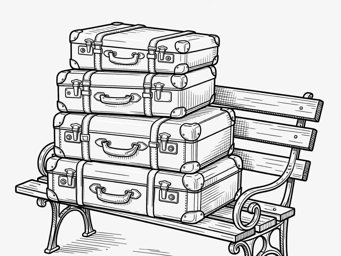 A stack of vintage suitcases piled beside an old train station bench