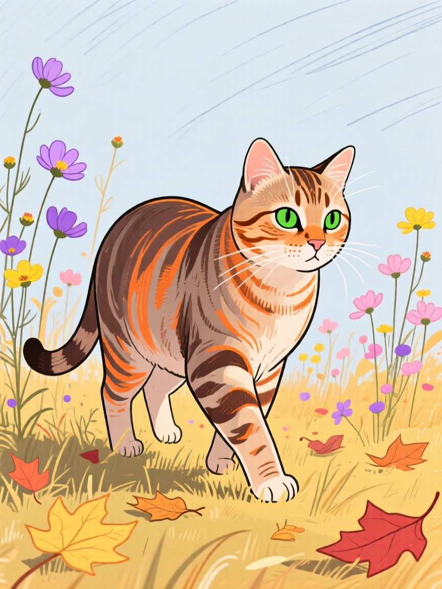 A tabby cat wandering near a wildflower field on a crisp autumn day.