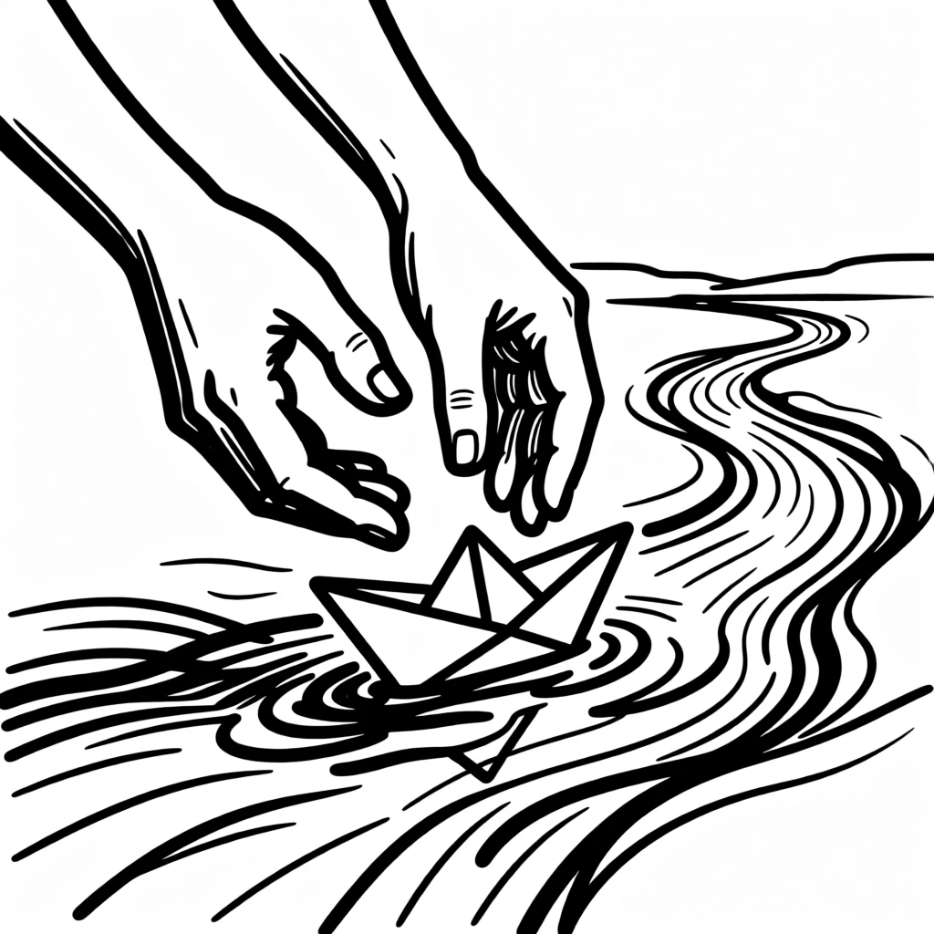 A pair of hands releasing a paper boat into a stream leading toward the sea.