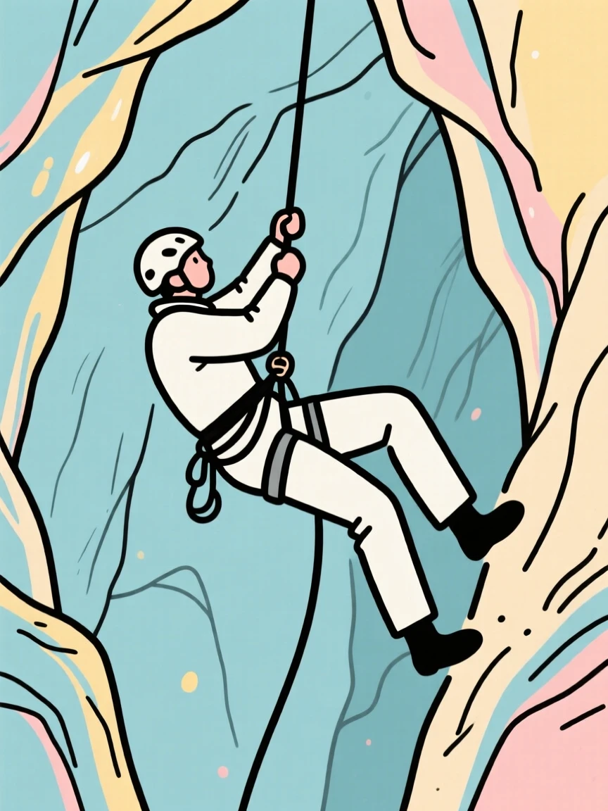 An explorer rappelling down into a deep limestone cave.