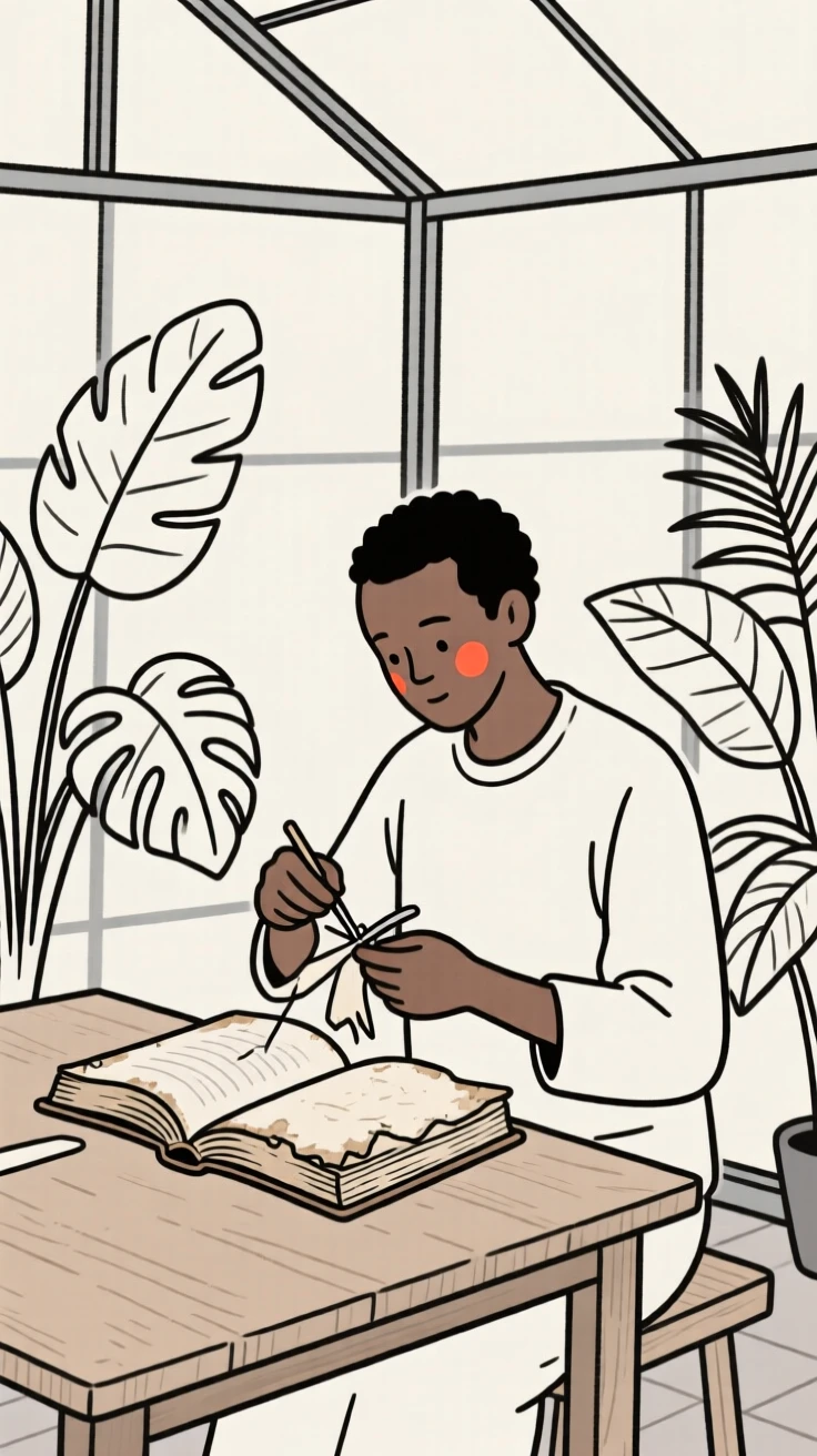 A bookbinder of ethiopian heritage repairing an old volume, lost in quiet contemplation, in a botanical garden greenhouse.