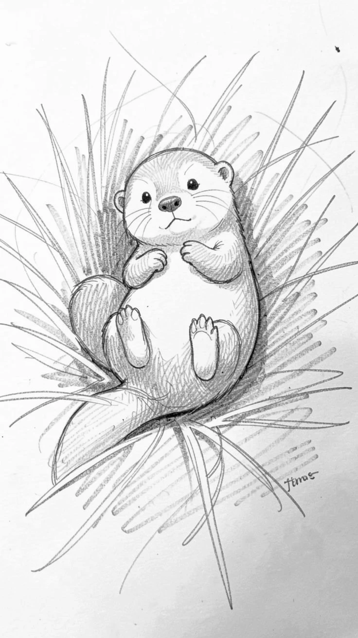 A baby otter floating on its back, in a nest of soft hay, with tiny paws tucked in close.