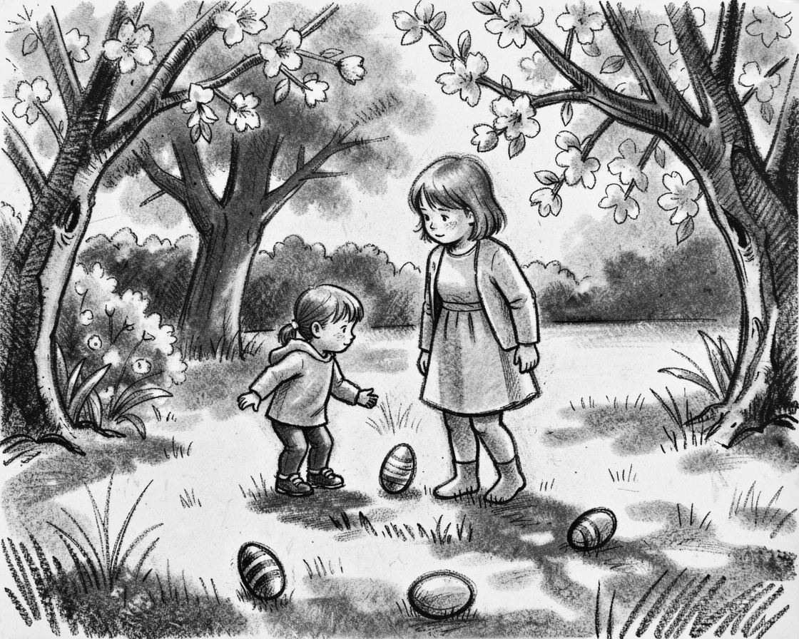 An Easter egg hunt in a sunny spring garden, in a moment of quiet togetherness.