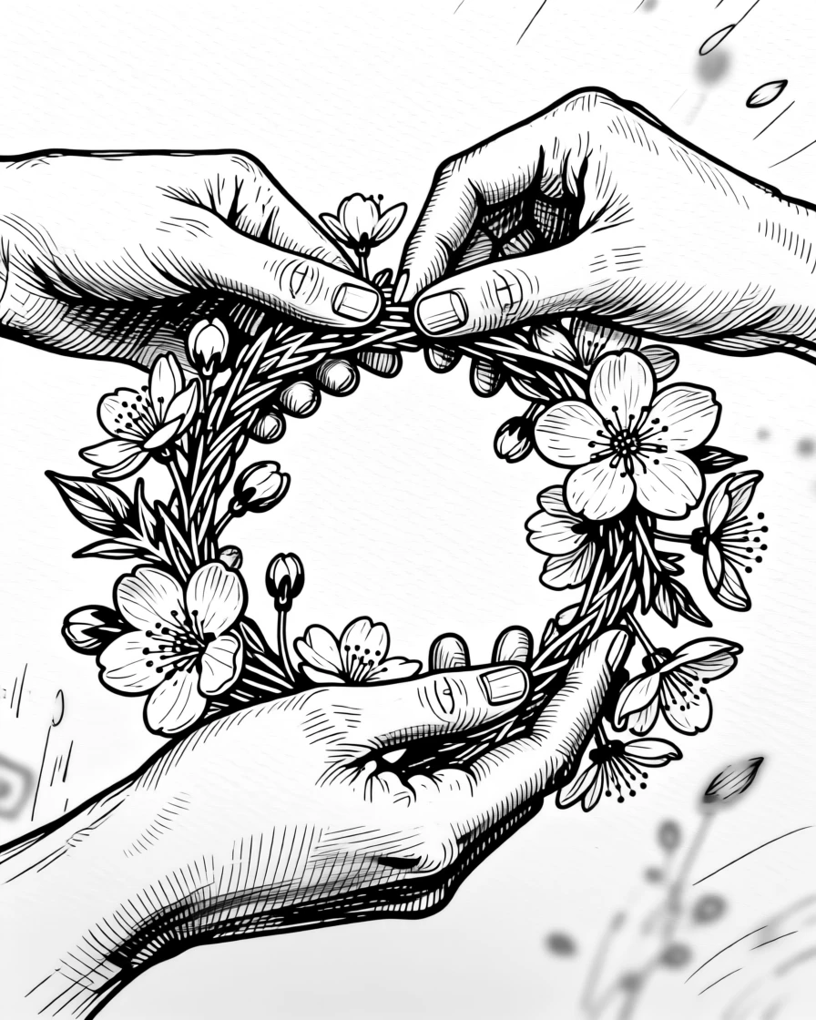 A pair of hands weaving a simple flower crown from fresh blossoms.