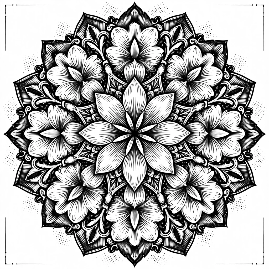 A mandala of interlocking floral shapes composed as a balanced repeating pattern, with a subtle repetition of shapes throughout, forming a classically refined decorative composition.