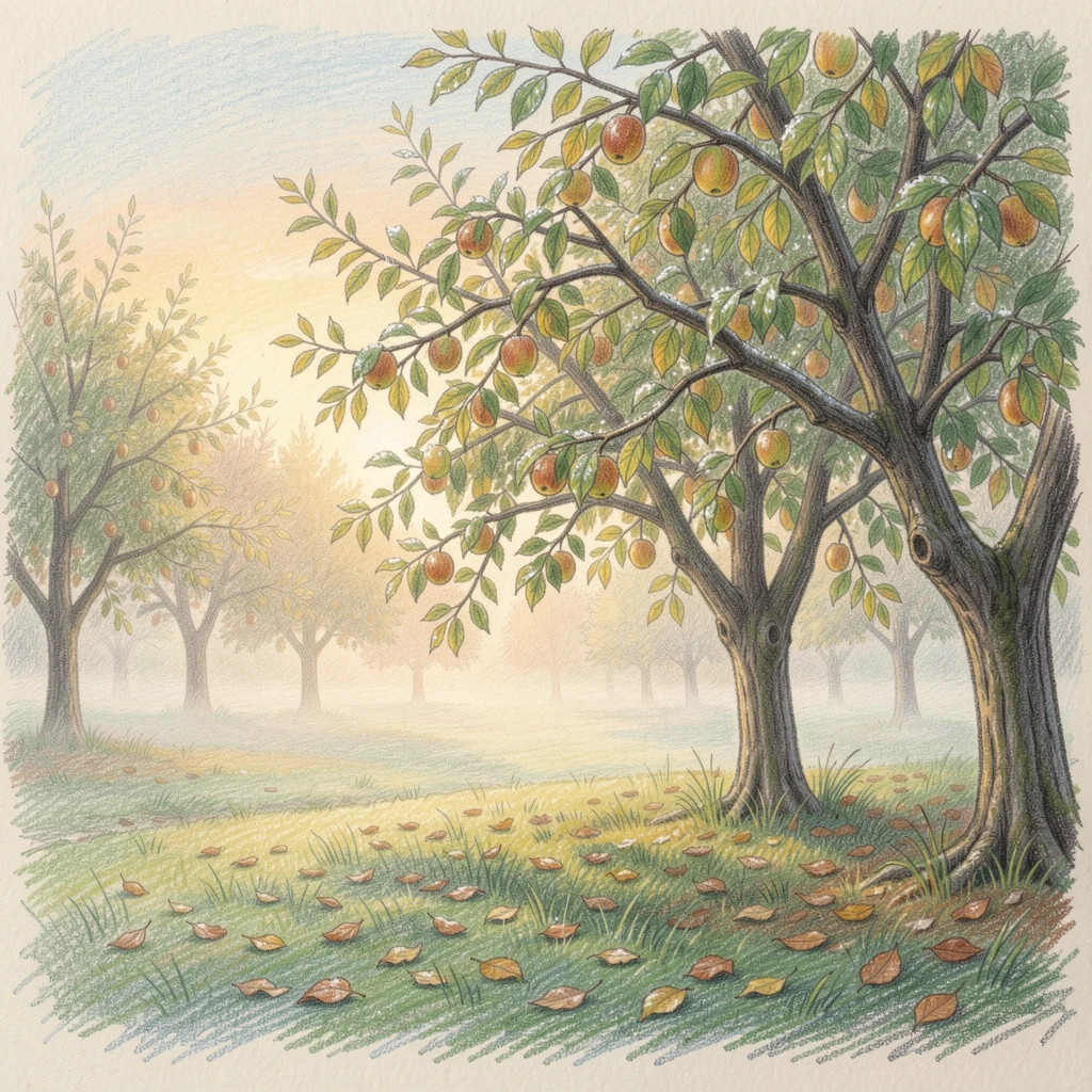 A quiet countryside orchard mist rising at first light, framed thoughtfully to draw the eye toward the central subject, evoking warmth, beauty, and a lasting sense of wonder.