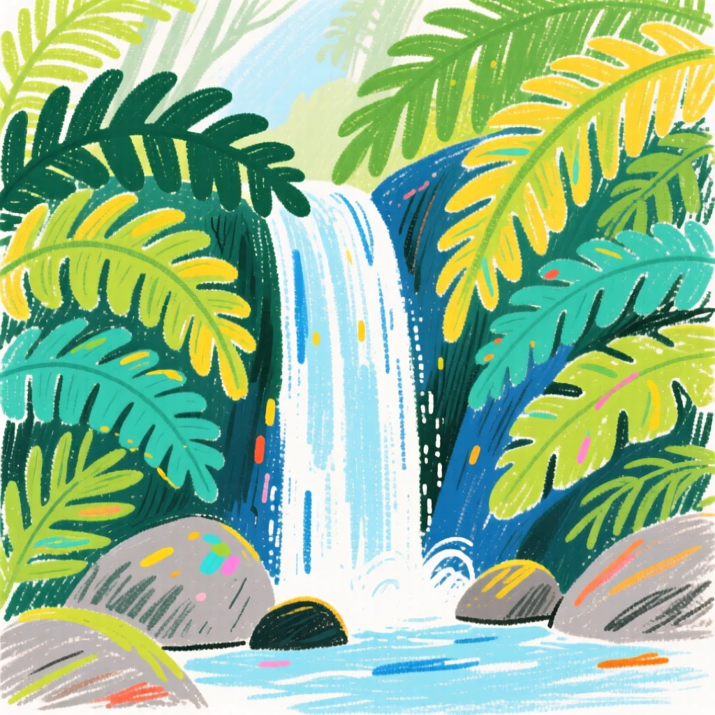 A hidden waterfall tucked behind a curtain of tropical ferns.