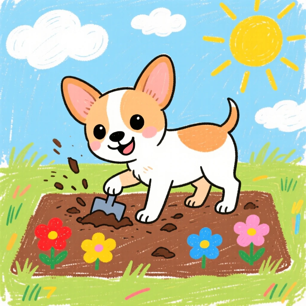 A tiny chihuahua digging happily in a garden bed.