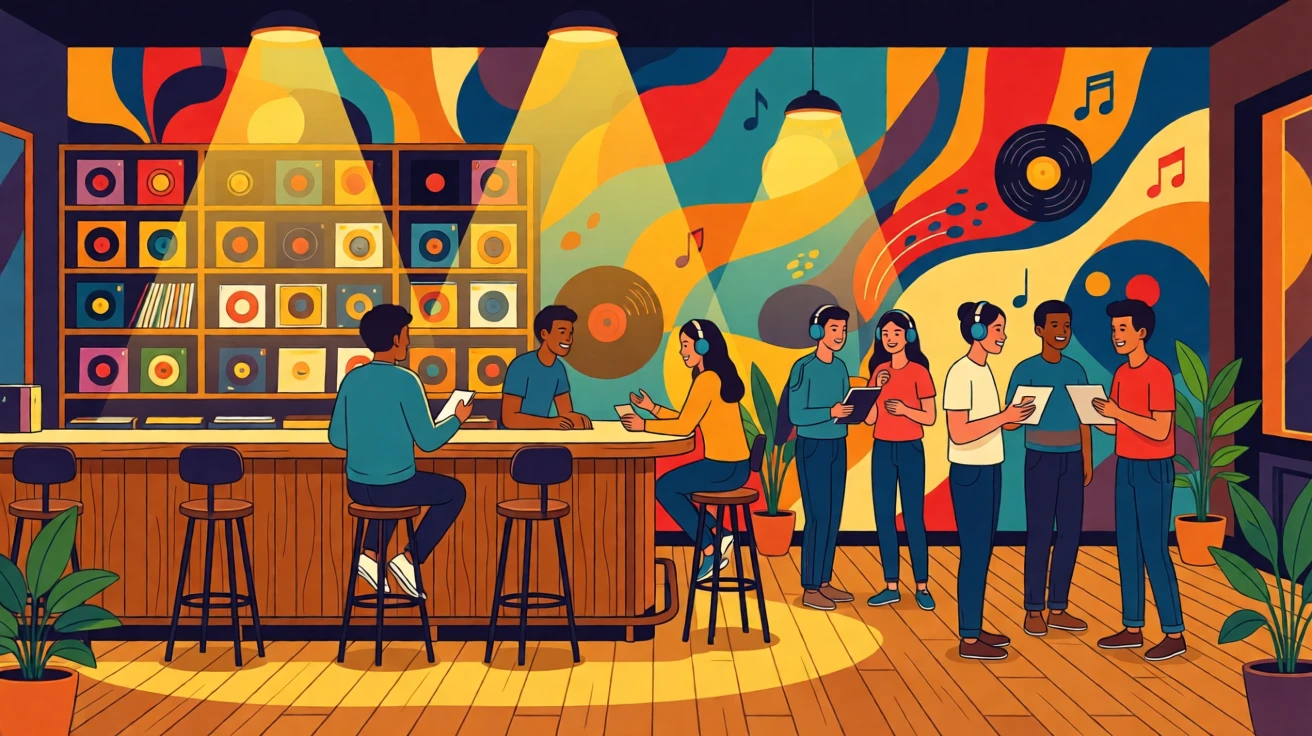 A cozy vinyl listening bar with warm ambient lighting, set against a colorful mural-covered wall, arranged with a fresh, contemporary sense of composition, with a sense of community and connection in every detail.