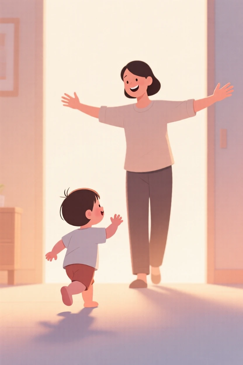 A child taking their first steps toward a parent's outstretched arms.