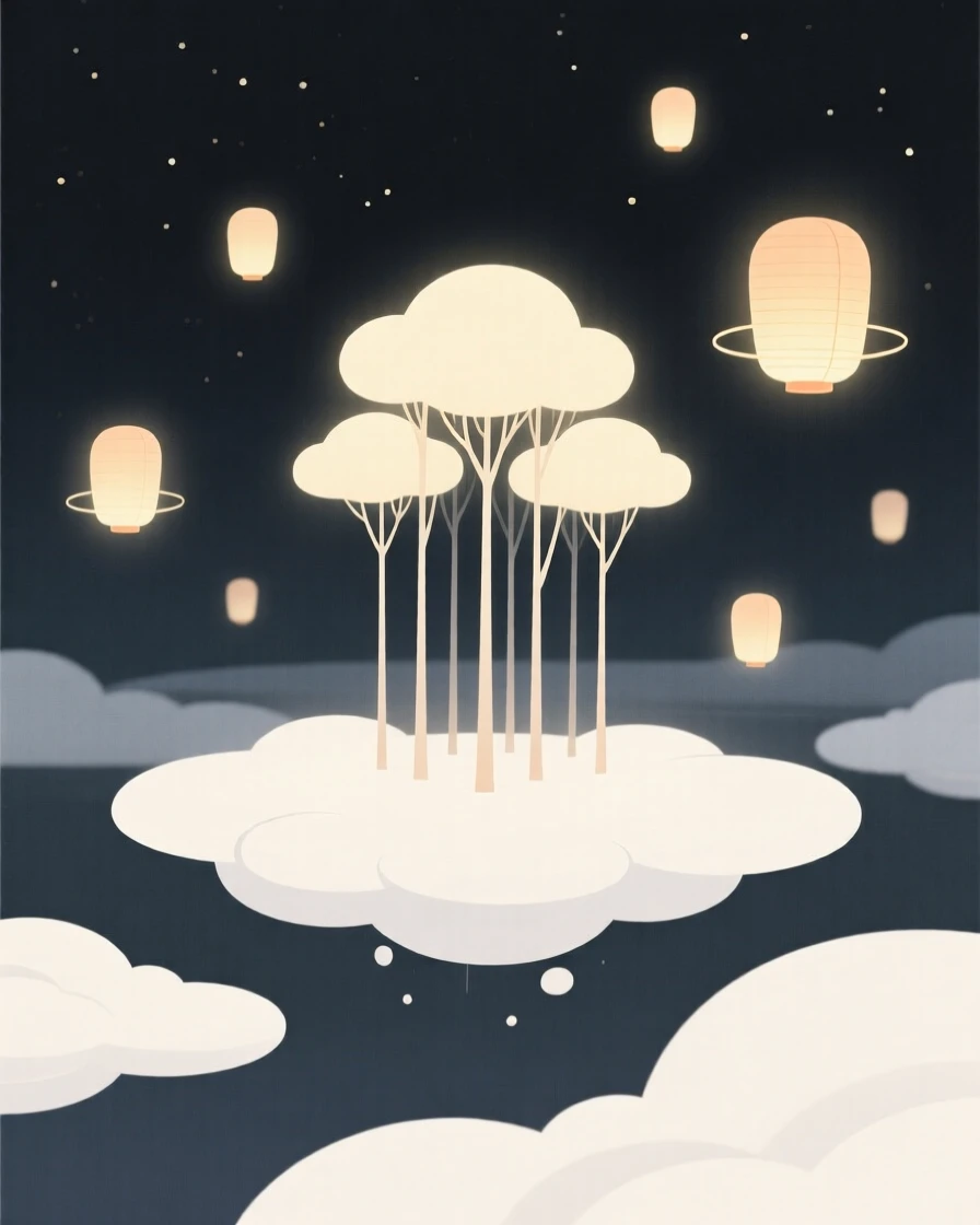 A forest where the trees glow softly at night floating above a world made entirely of clouds, surrounded by floating lanterns, radiating gentle magic.