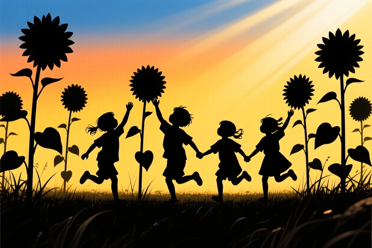 A group of children playing in a field of tall sunflowers.