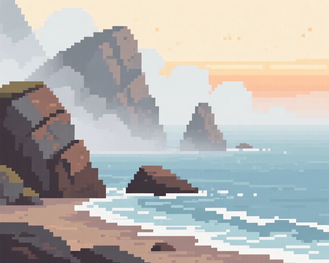 A rocky coastline wrapped in a light morning mist, along a coastline where waves gently break.
