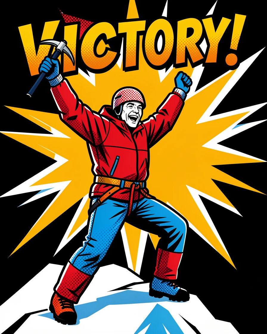 A climber celebrating triumphantly atop a snowy summit