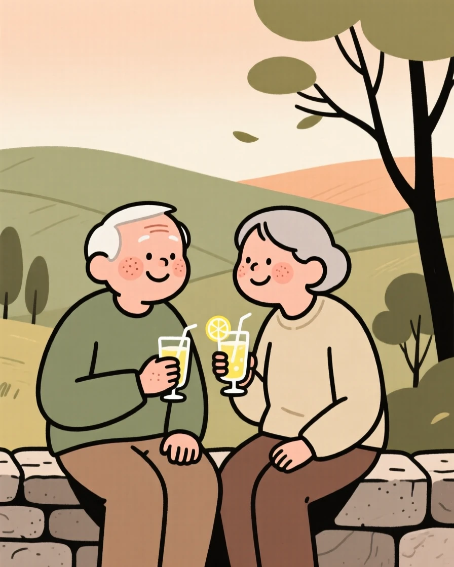 Two old friends sit on a low stone wall overlooking the rolling hills, sharing glasses of lemonade and easy laughter as a gentle breeze stirs the trees.