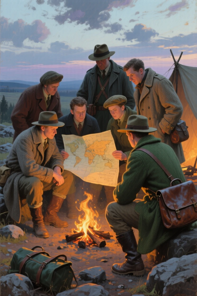 A centered composition of a group of explorers studying a weathered map beside a campfire, in the mid-20th century, beneath drifting clouds.