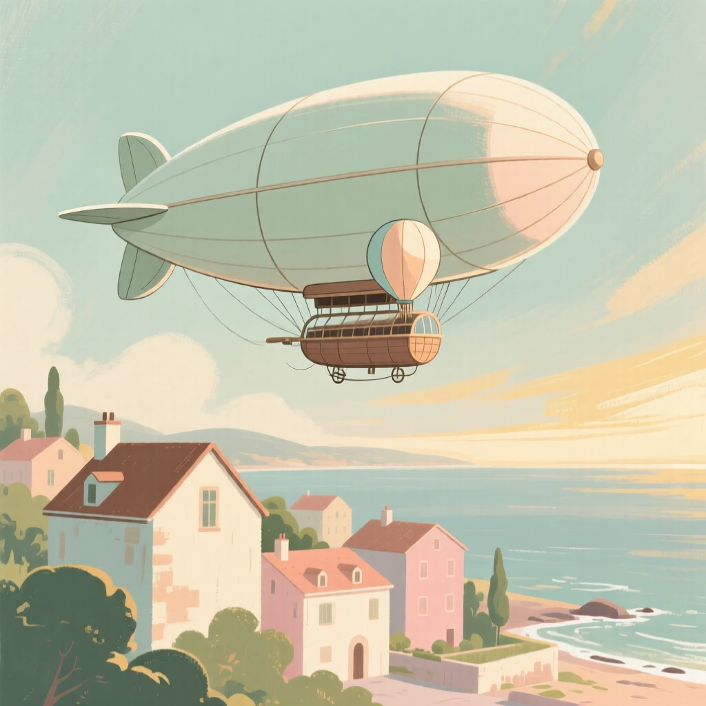 A vintage airship drifting slowly above a coastal town