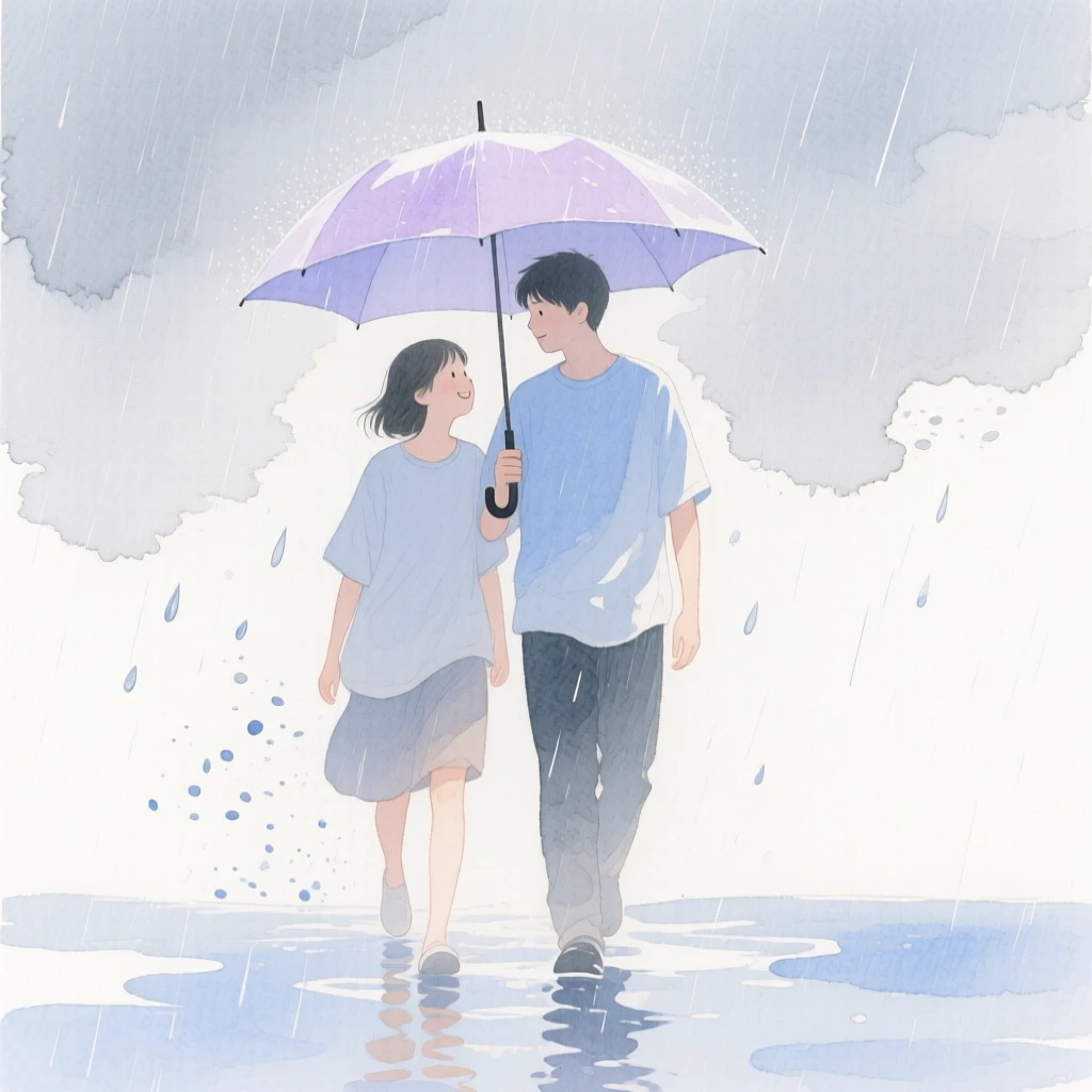 A tender moment of a rainy walk beneath one umbrella.