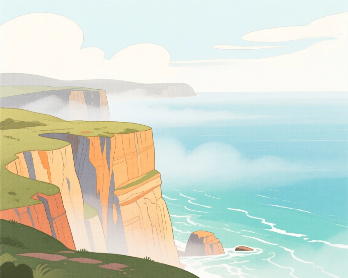 A panoramic scene of a dramatic cliffside overlooking the ocean under a soft blanket of fog.
