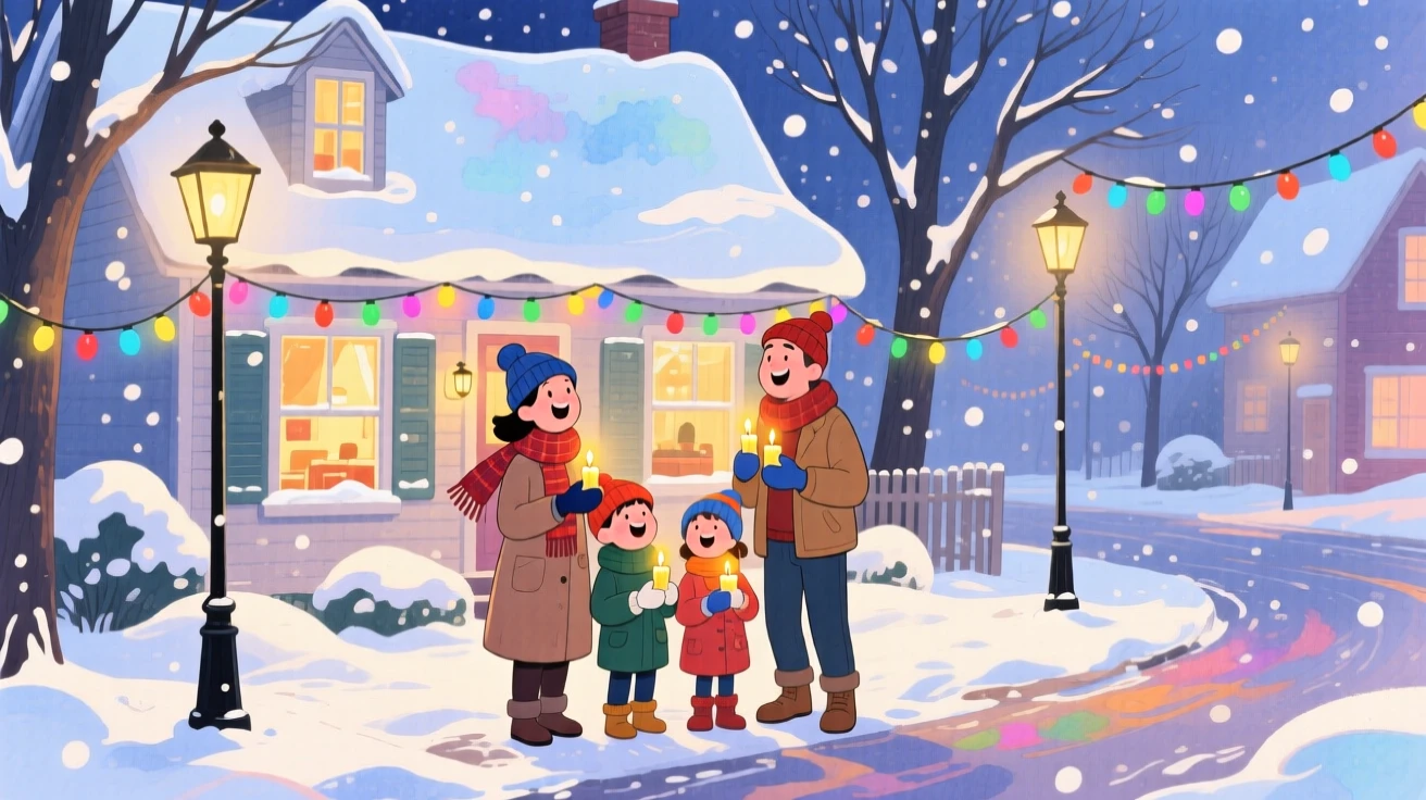 A family caroling together outside a snow-covered cottage, in a quaint village street strung with holiday lights, with the golden glow of candlelight flickering softly, evoking warmth and festive cheer.