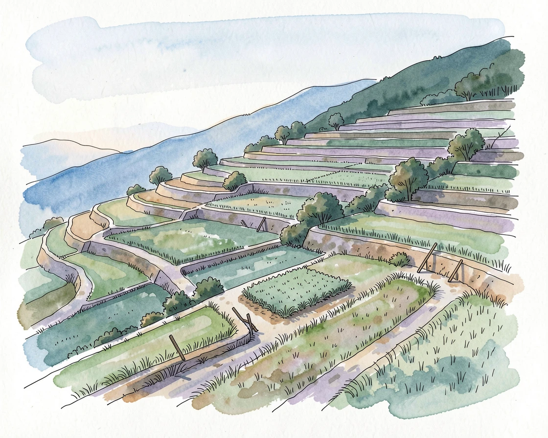 A patchwork of terraced farmland climbing a steep green hillside, the scene bathed in the soft blue light of early dawn.