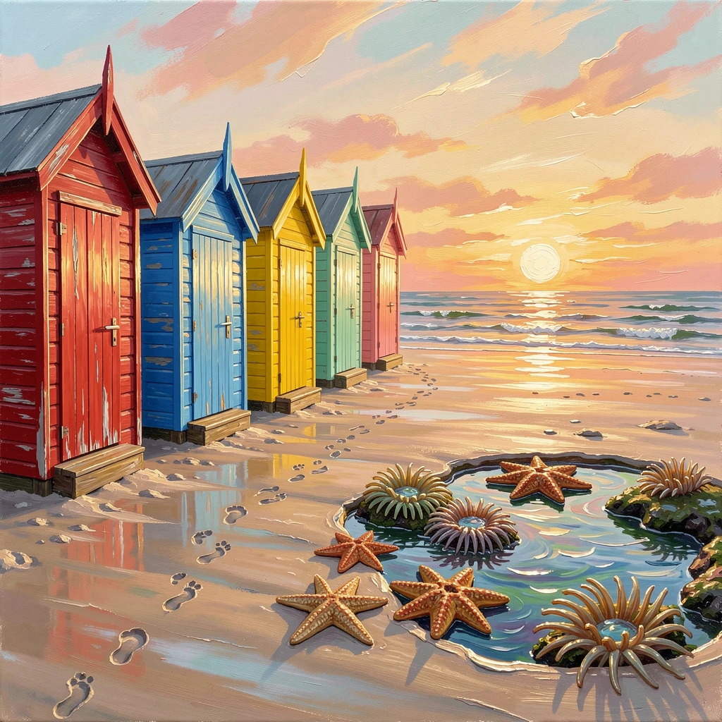 A row of colorful beach huts along the shore, children's footprints trailing across the wet sand, beside a cluster of tide pools full of starfish and anemones, at sunset, the sun sinking into the horizon in a blaze of gold.
